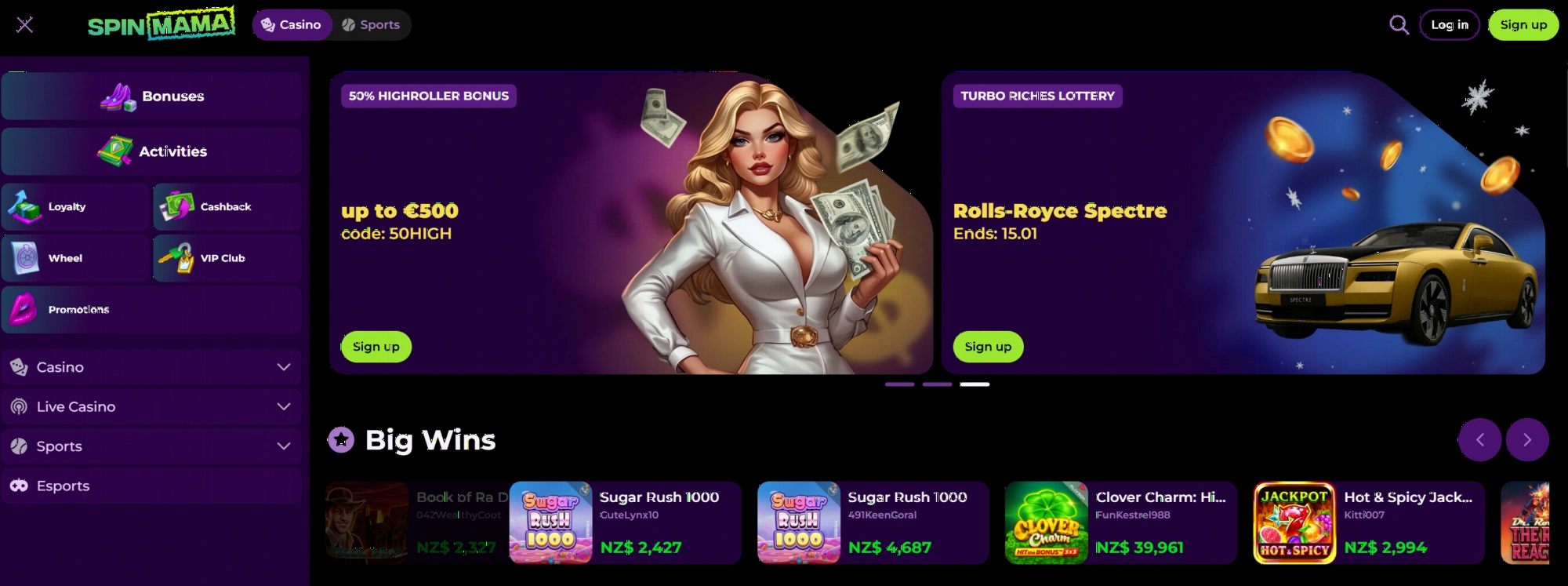 Interfaccia utente SpinMama Casino